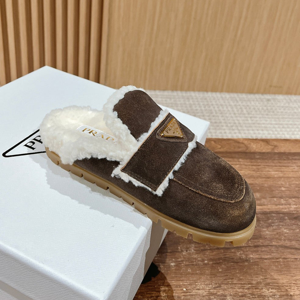 Prada Women's Fall/winter Casual Round Toe Slip On Fleece Lined Triangular Logo Birkenstock Style Slippers Shoes #79271