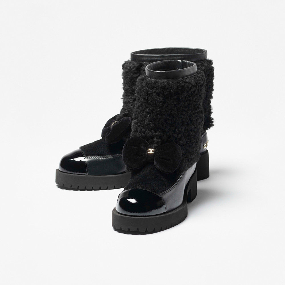 Chanel Short Boots Shearling Lambskin Calfskin Lambskin Patent Calfskin Beige Black #334244