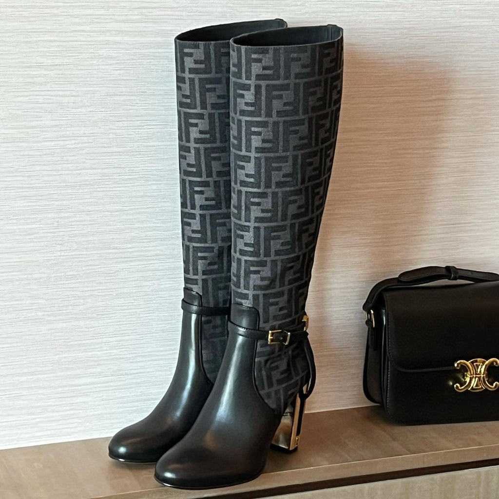 Fendi Women's Fall/Winter Fashion Classic Round Toe Leather FF Jacquard Fabric High Heel Knee High Boots Shoes #79223