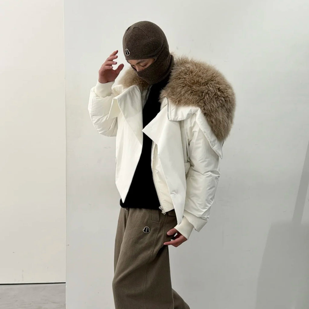 Moncler x Rick Owens Men's Women's Autumn And Winter Large Fur Collar Removable Trend High Street White Down Jacket Zip Hooded Jacket Ngvp #9794