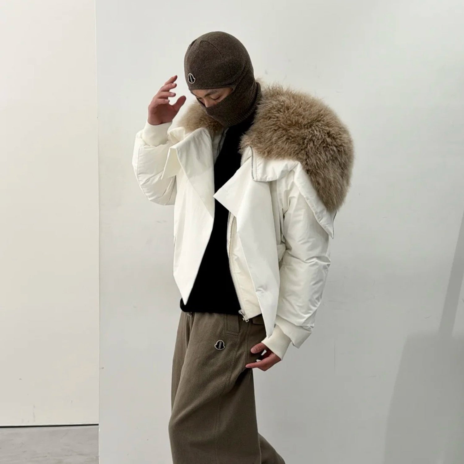 Moncler x Rick Owens Men's Women's Autumn And Winter Large Fur Collar Removable Trend High Street White Down Jacket Zip Hooded Jacket Ngvp #9794