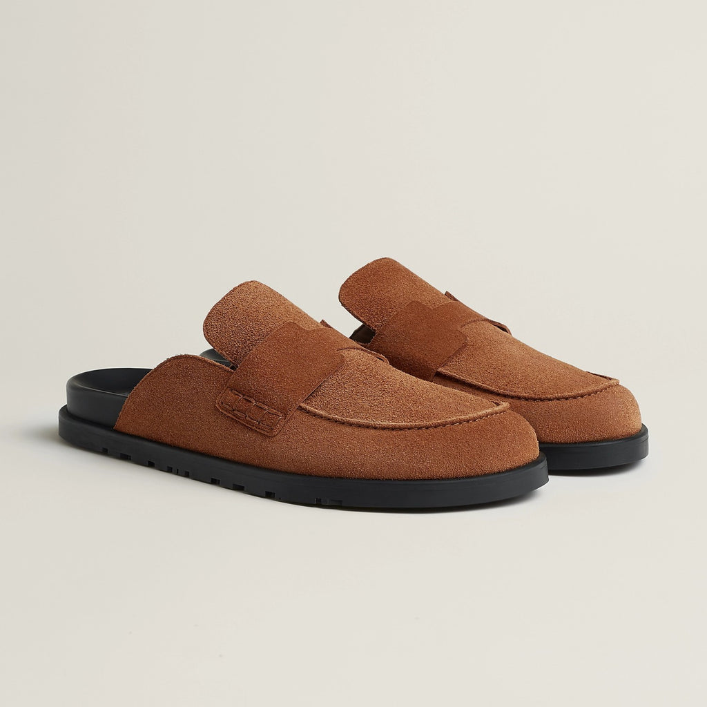 Hermes Men's Spring And Summer Solid Color Calfskin Round Head Flat Bottom Baotou Birkenstock Slippers Shoes #75495