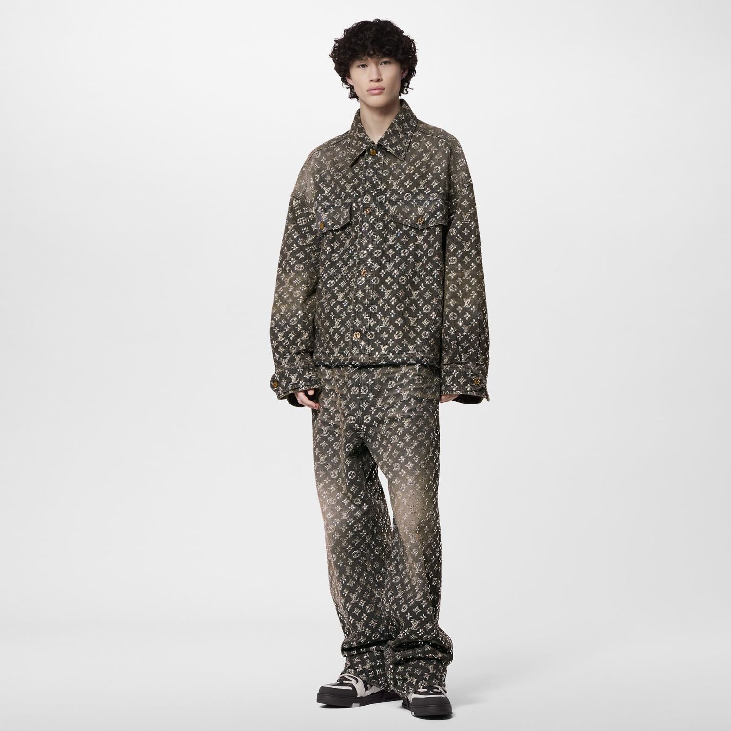 Louis Vuitton Made To Order Embroidered Monogram Baggy Denim Overshirt Jacket Jeans Pants suit Set #96366