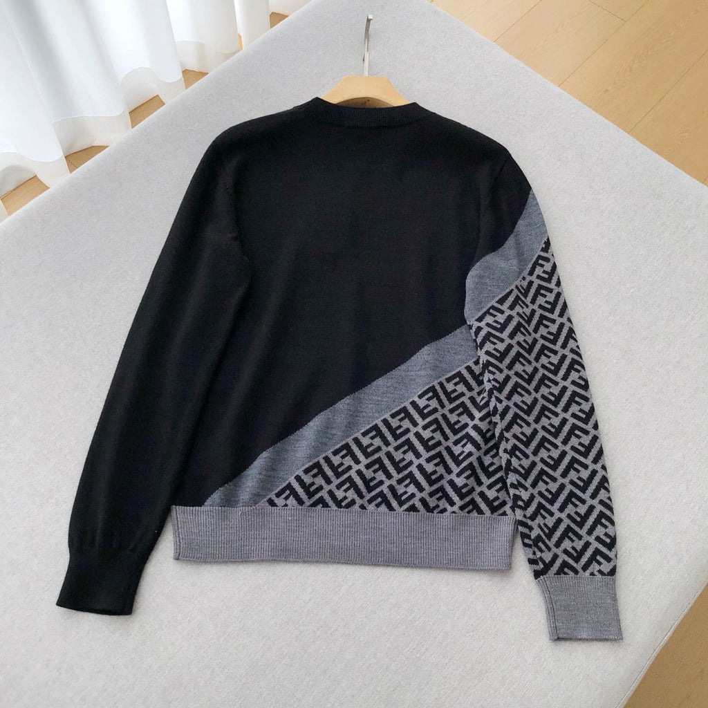 Fendi Men's Spring Autumn FF Classic Twill Jacquard Patchwork Crew Neck Knit Pullover Sweater #97843