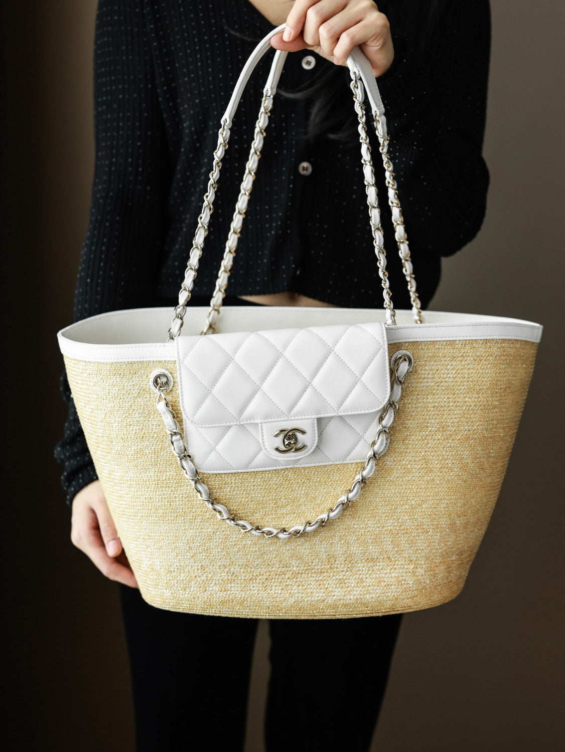 Chanel Large Shopping Bag Braided Straw Lambskin Gold-tone Metal #381455