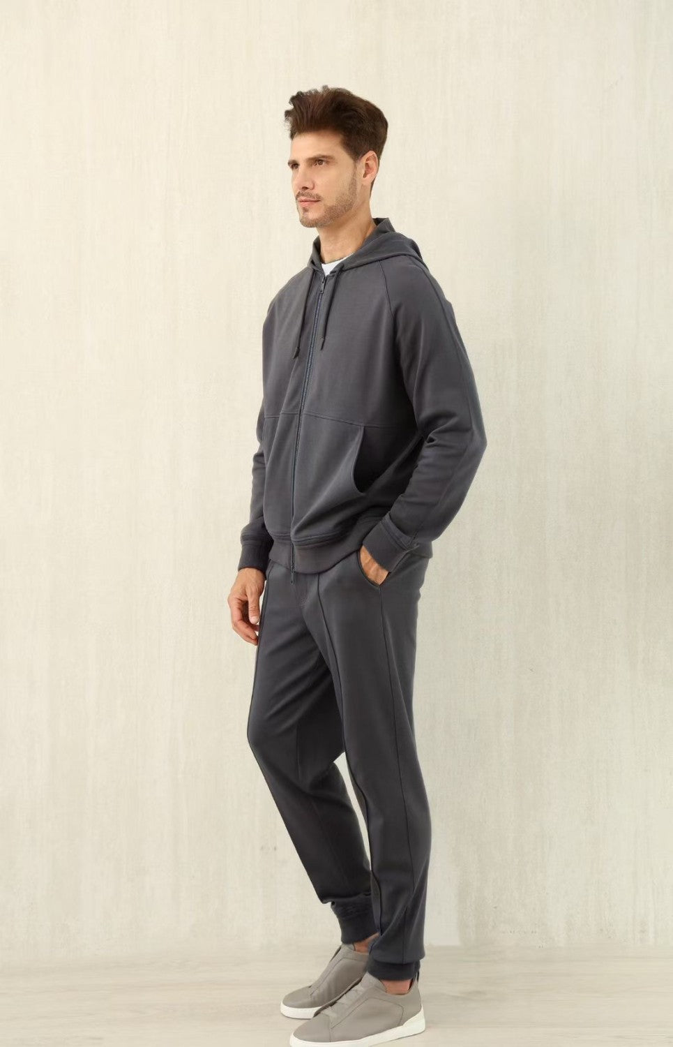 Ermenegildo Zegna Men's Spring/Fall Zipper Drawstring Hoodie Sweatshirt & Solid-Color Casual Pants Suit Set Ngvp #2352