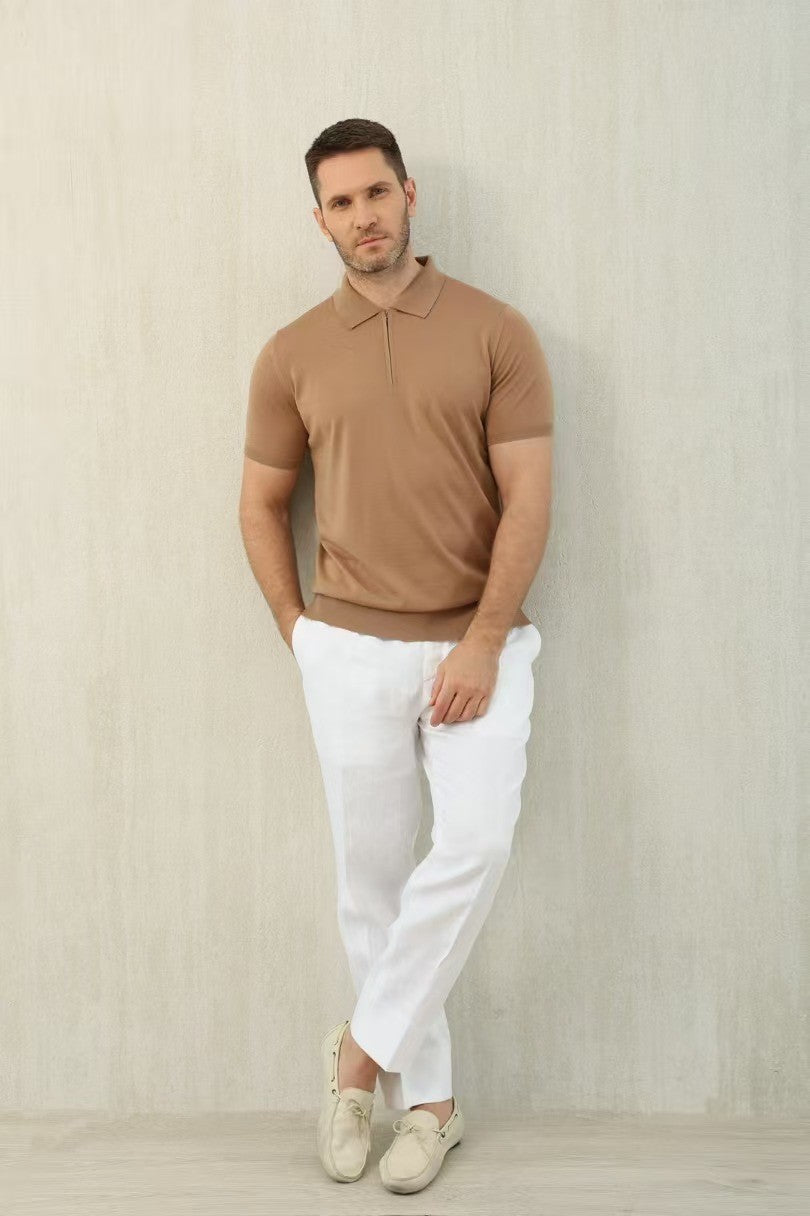 Loro Piana Men's Summer Solid Color Half Zip Straight Short Sleeve Polo Shirt Ngvp #1555
