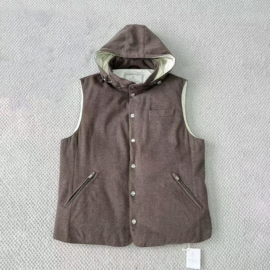 Brunello Cucinelli Men's Spring/Autumn Detachable Hooded Solid Color Single-Breasted Bonded Wool Flannel Down Vest Ngvp #2293