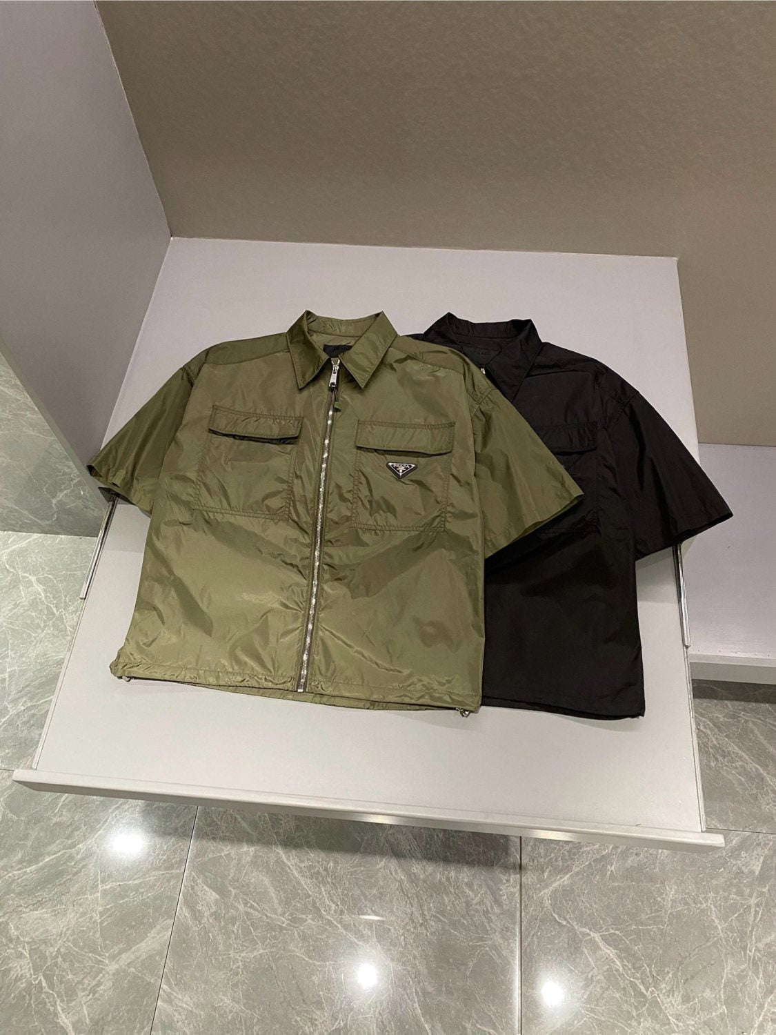 Prada Men's Spring Summer Nylon Solid Colour Lapel Zip Short Sleeve Shirt #99518