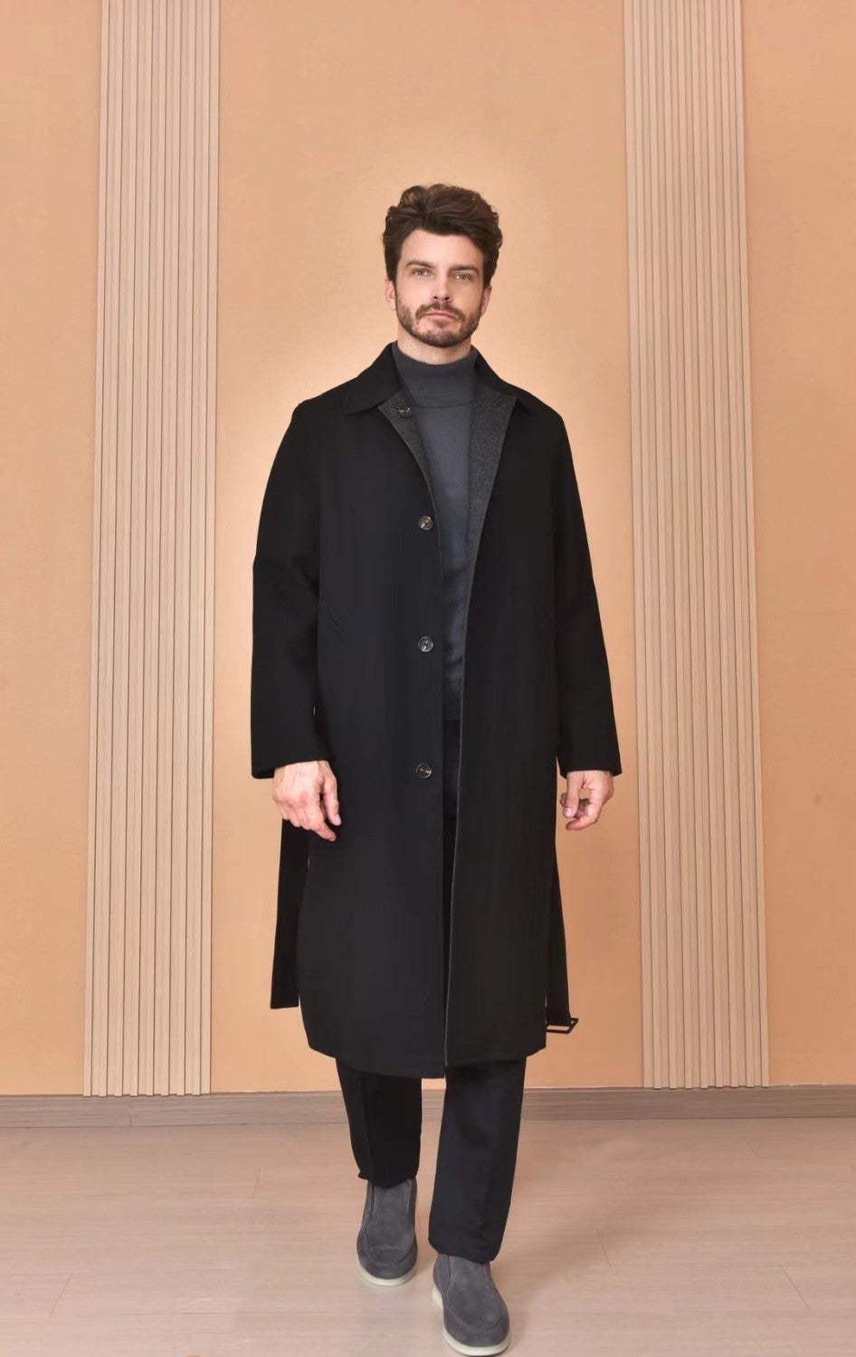 Loro Piana Men's Reversible Double-Faced Coat with Belt. Single-Button Lapel. Long Fit Jacket Ngvp #2336