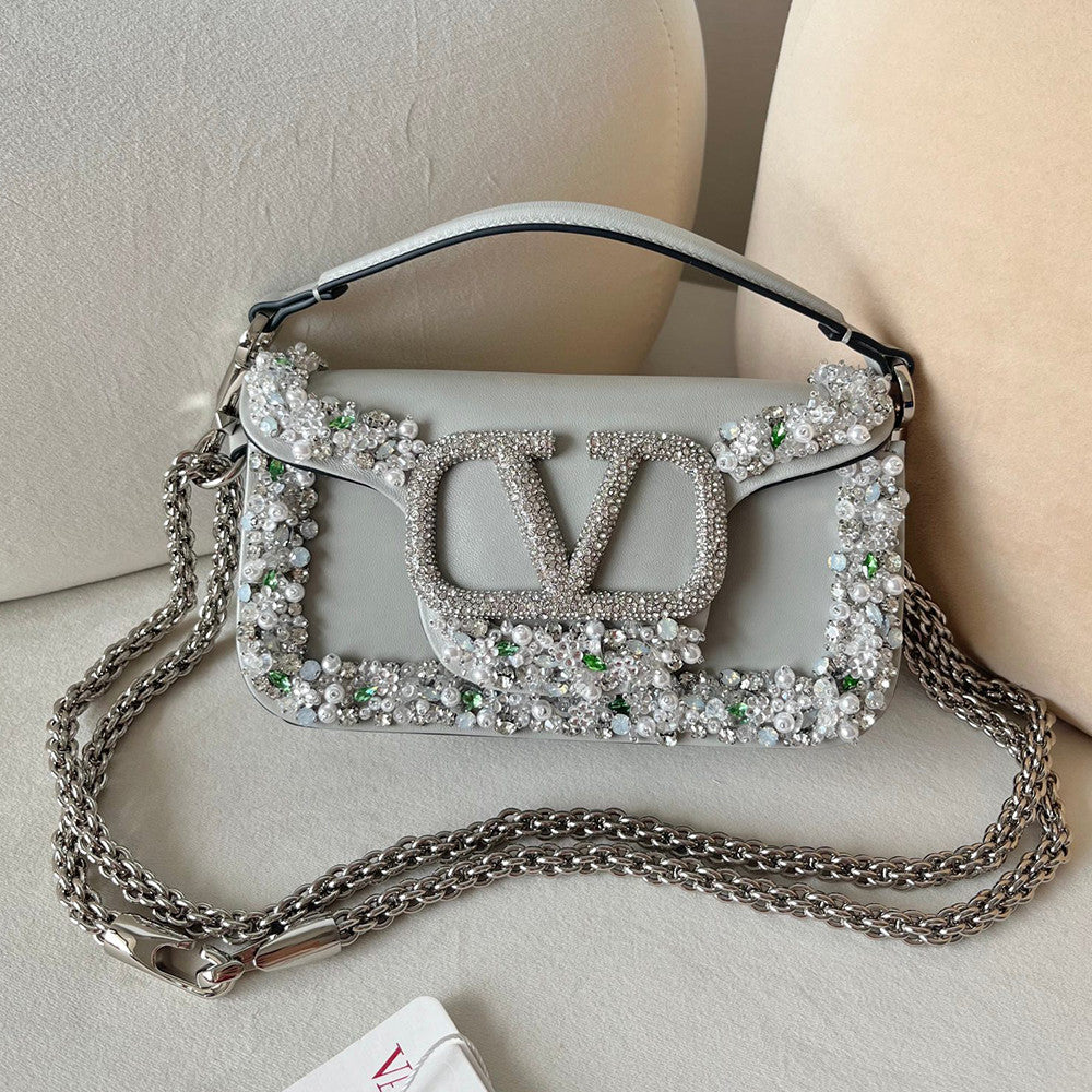 Valentino Women's Garavani Mini Loco 3d Embroidered Handbag With Swarovski Crystal Accents Vlogo Signature Magnetic Clasp Clutch With Chain Strap Bag Bags #196169