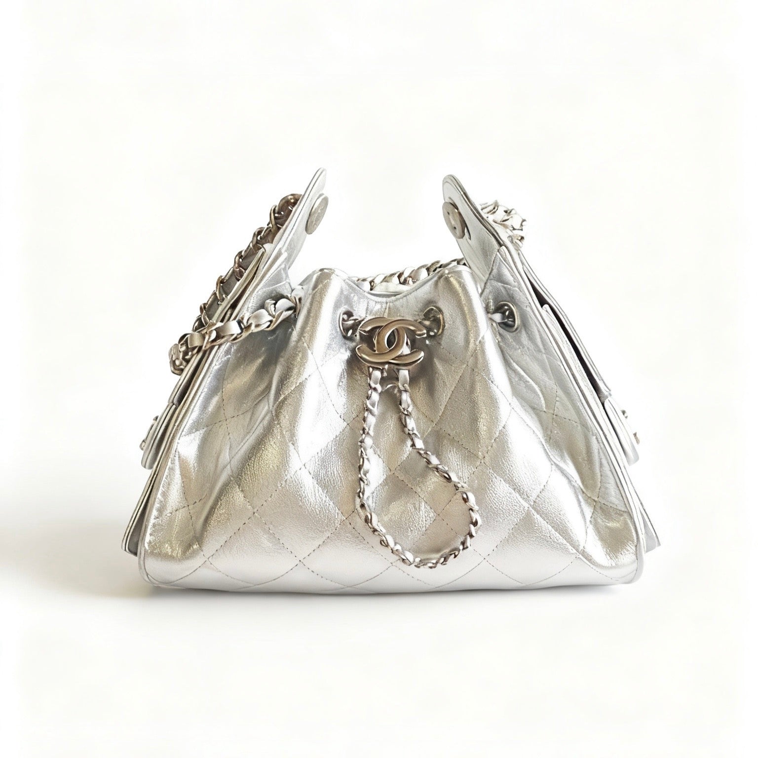 Chanel 25 Women's Mini Handbag Metallic Grained Embossed Calfskin And Silver Metal Silver #332929