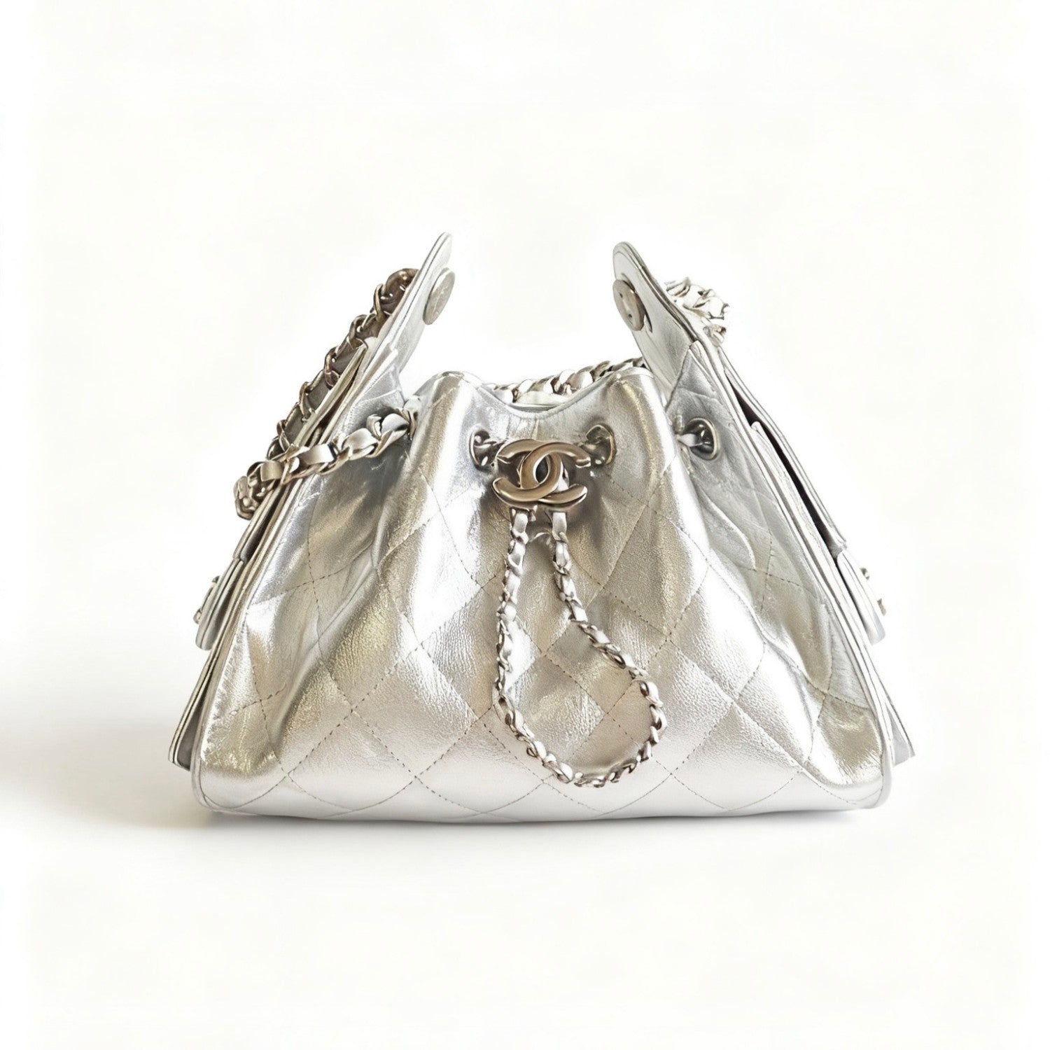 Chanel 25 Women's Mini Handbag Metallic Grained Embossed Calfskin And Silver Metal Silver #332929