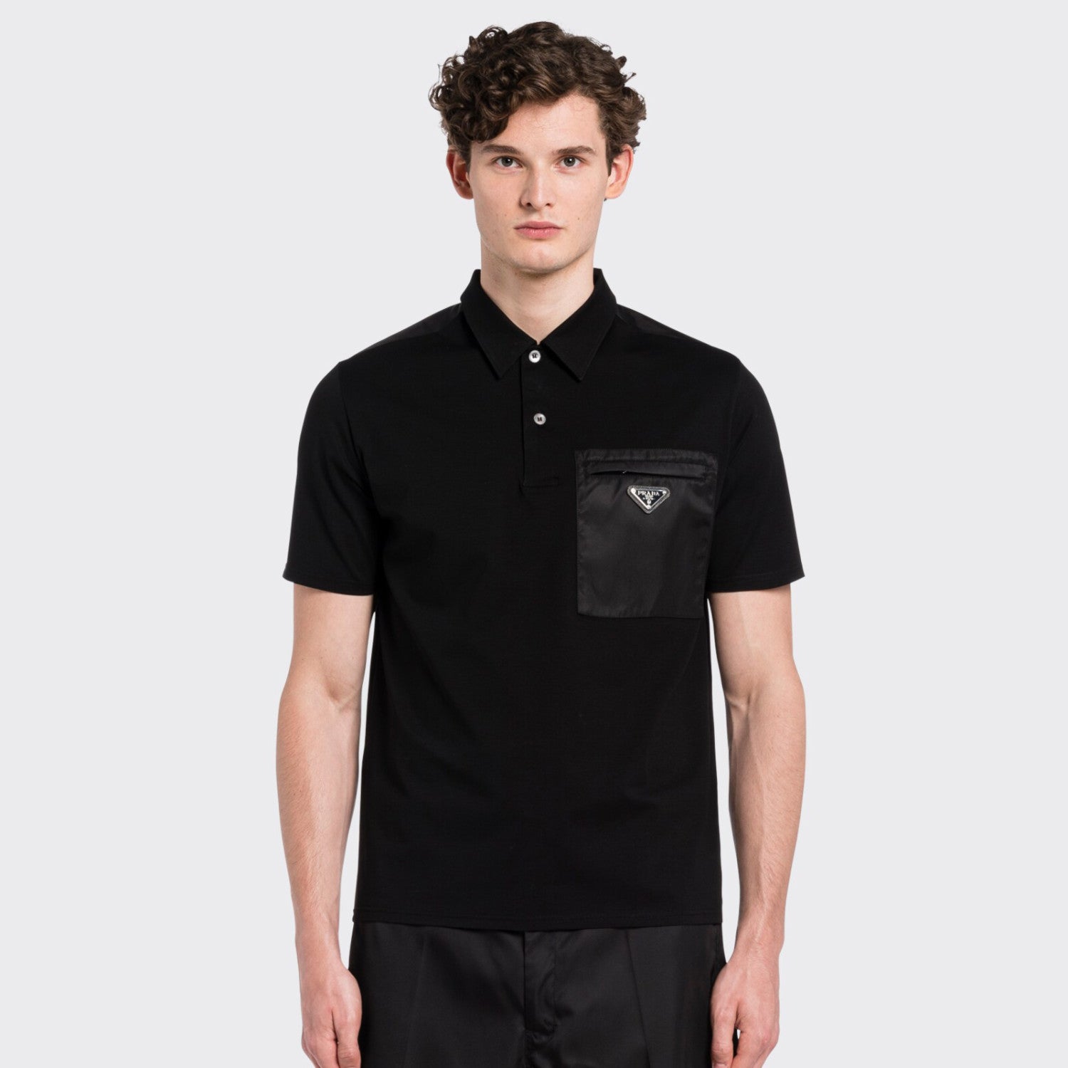 Prada Men's Summer Black Triangle Label Pocket Polo Neck Cotton Short Sleeve T-Shirt #74815