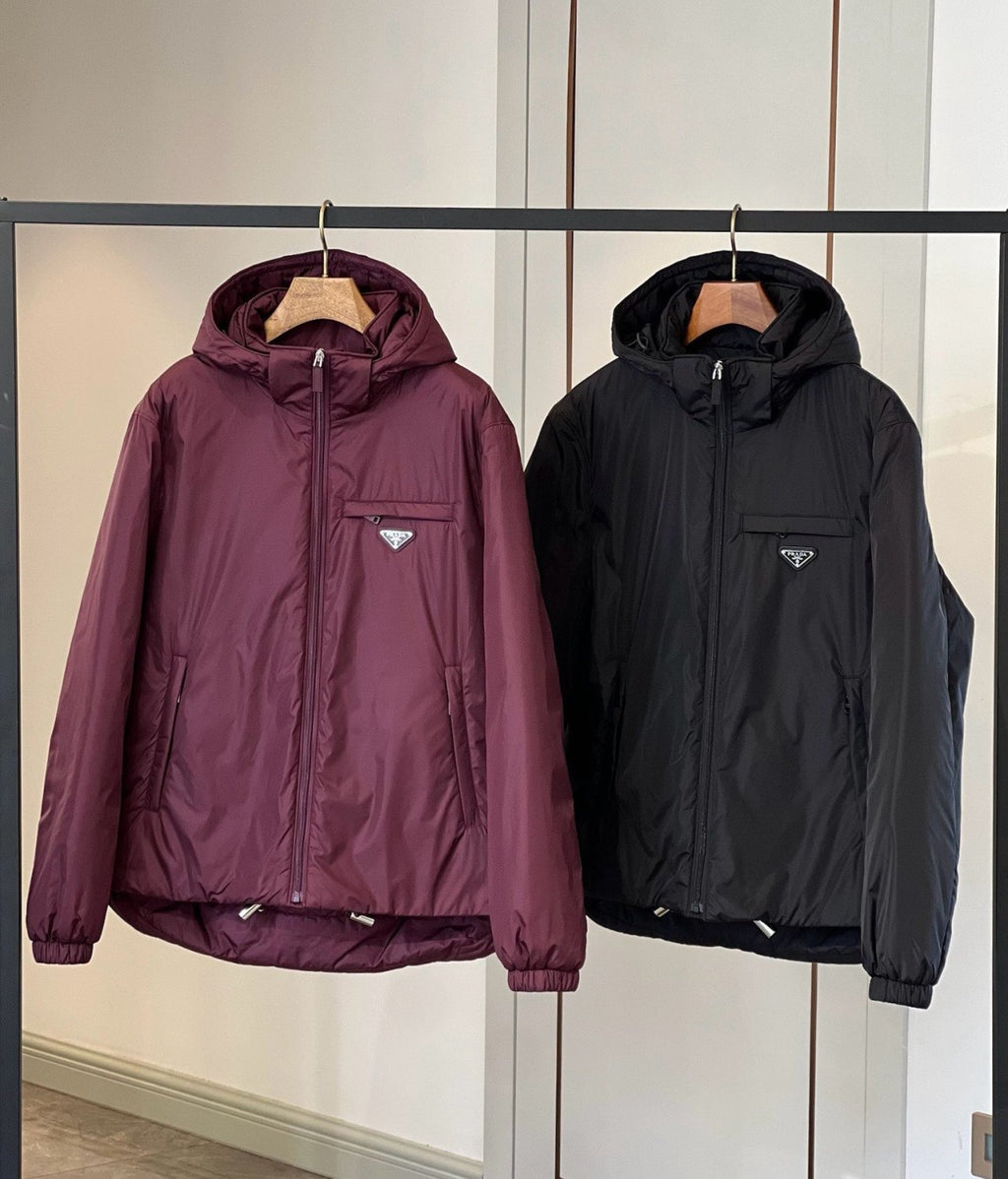 Prada Men's Autumn and Winter Solid Color Single Breasted Hooded Nylon Puffer Down Long Sleeve Jacket #73912