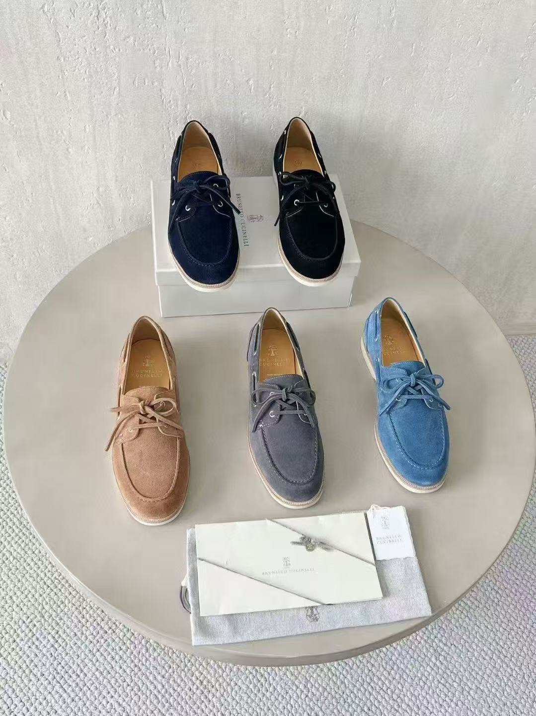 Brunello Cucinelli Men's Washed Suede Boat Shoes. Four-Season Solid Color Round Toe Lace-Up Low-Top Casual Shoes Ngvp #2125