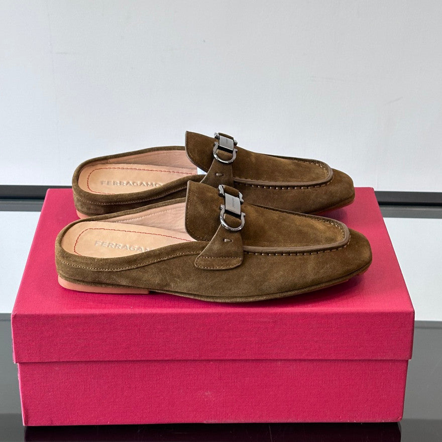 Ferragamo Men's Spring/Fall Solid Color Classic Calfskin Round Toe Open Back Mule Shoes #78195
