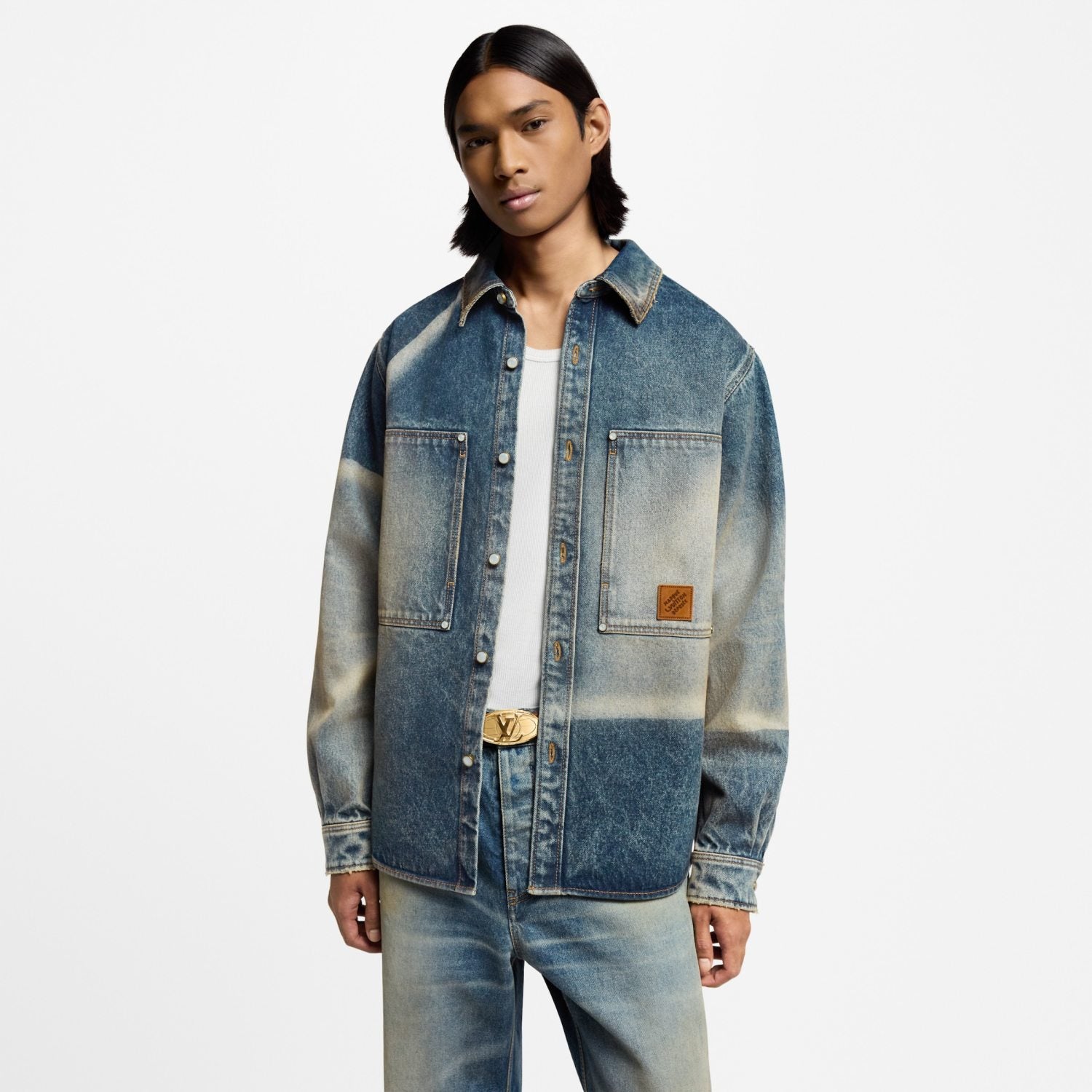 Louis Vuitton Sun Fading Effect Denim Long Sleeve Shirt Skateboarding Jeans Pants Men'S Spring And Summer Fashion High Street Trend Casual Suit Set #75985