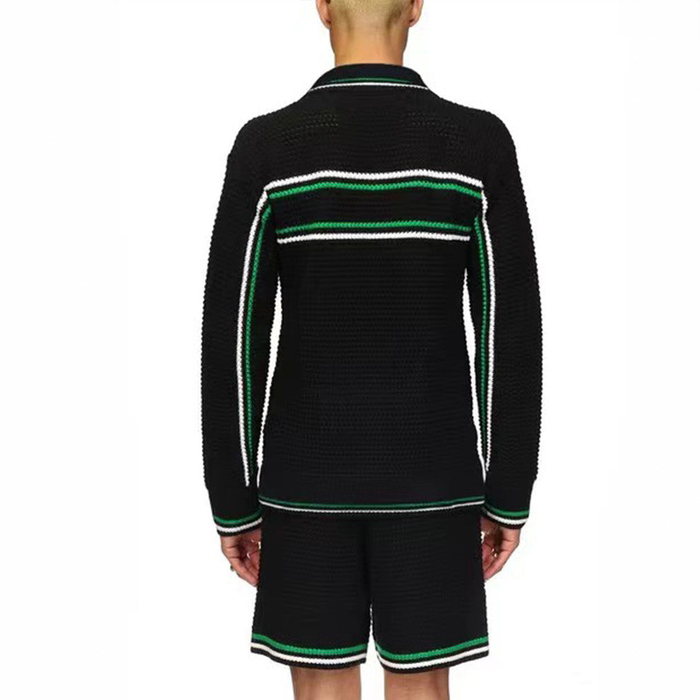Casablanca Men's Spring And Summer Knitting Stripes Color Blocking Long-sleeved Knitted Sweater Single-breasted Cardigan Casual Knitted Shorts Set  #71324