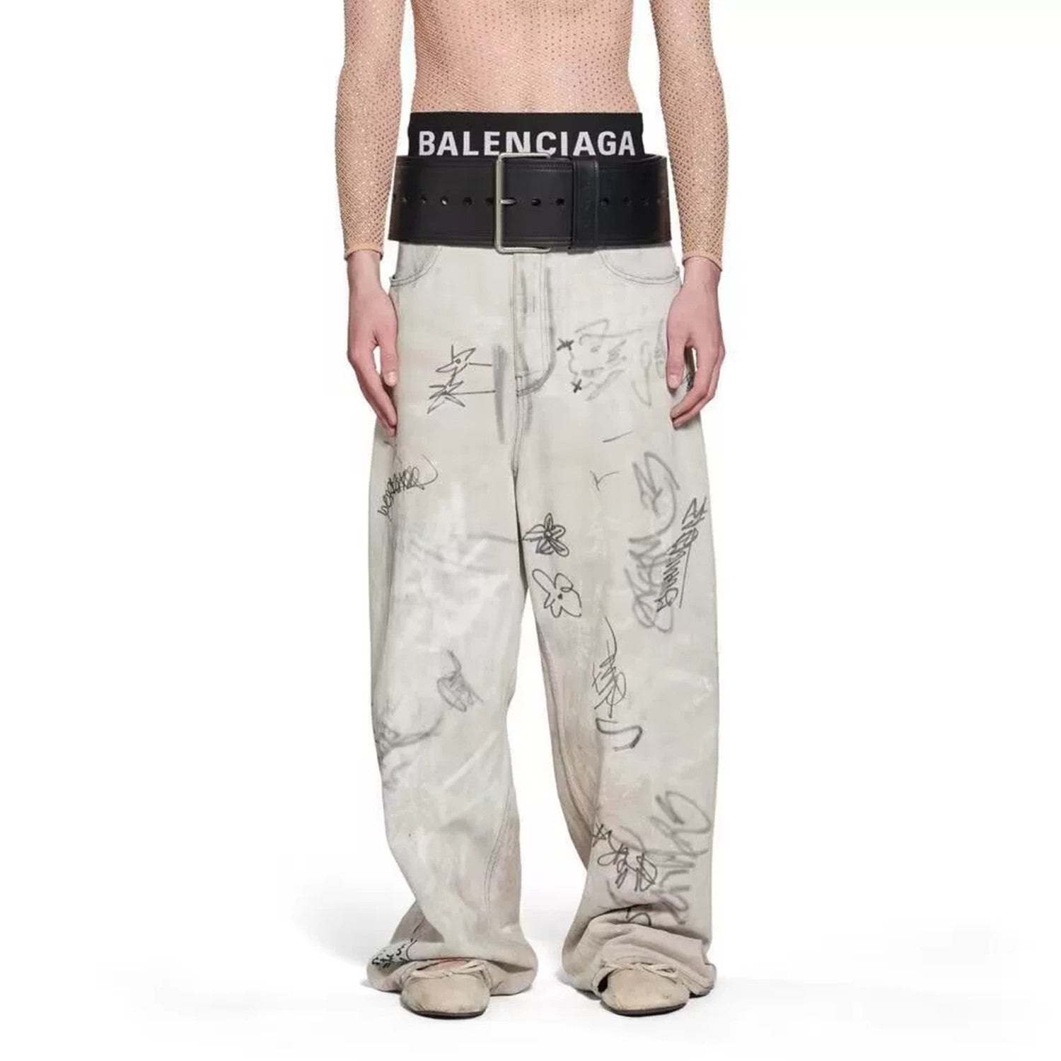 Balenciaga Men's Spring And Autumn Graffiti Retro Old Workwear Pants White Baggy Jeans High Street Fashion Straight Casual Pants Ngvp #1184