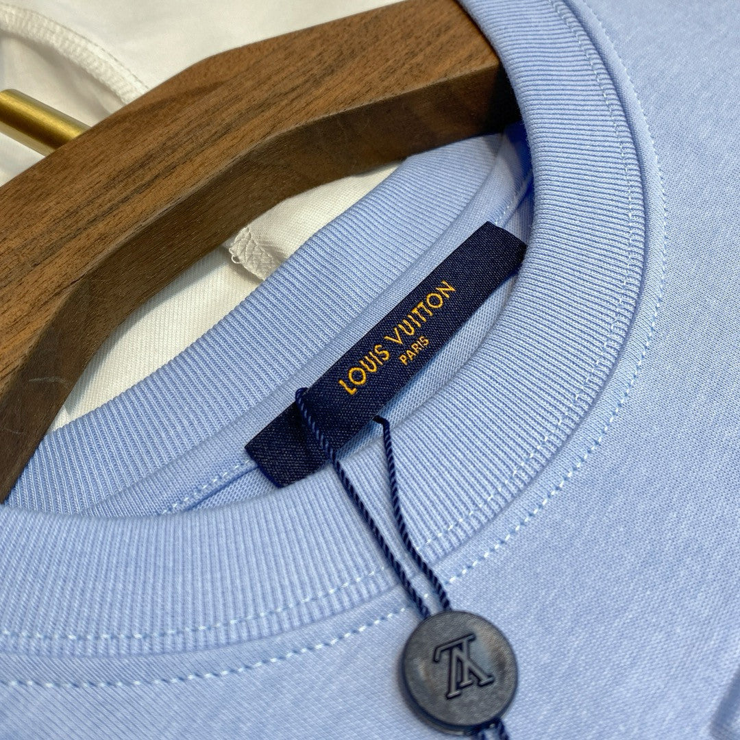Louis Vuitton Men's And Women's Blue Embossed Logo Loose Round Neck Short Sleeve T-shirt #98495