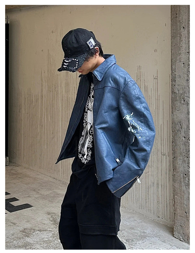 Enfants Riches Deprimes Men's Spring. Autumn And Winter Washed And Aged Crackle Pattern Printed Zipper Solid Color Long Sleeve Cowhide Jacket Ngvp #9337