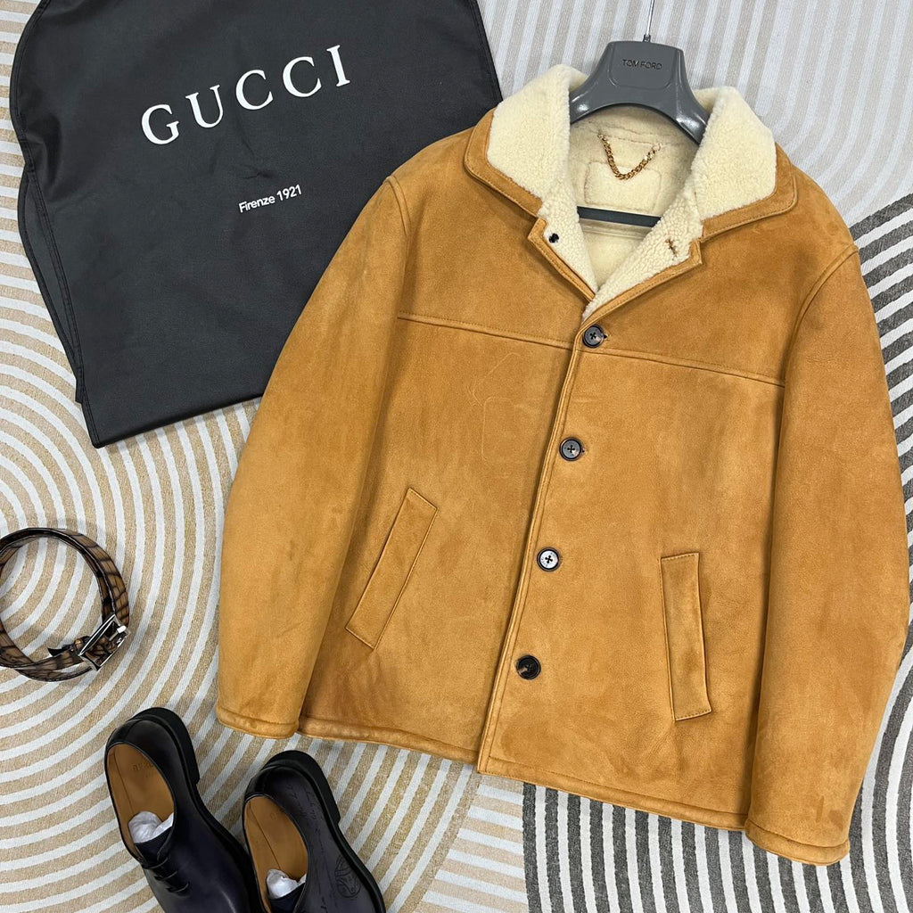 Gucci Men's And Women's Autumn And Winter Solid Color Suede Single Breasted Long Sleeved Wool Lined Jacket #74481