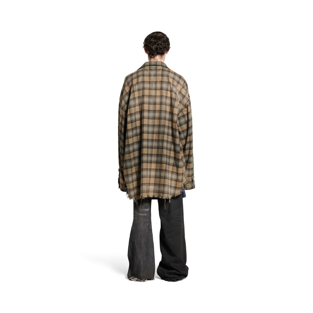 Balenciaga Men's Spring And Autumn Checkered Lapel Aged Cotton PARIS LIBERTY Loose Long Sleeve Solid Layered Shirt Ngvp #9286