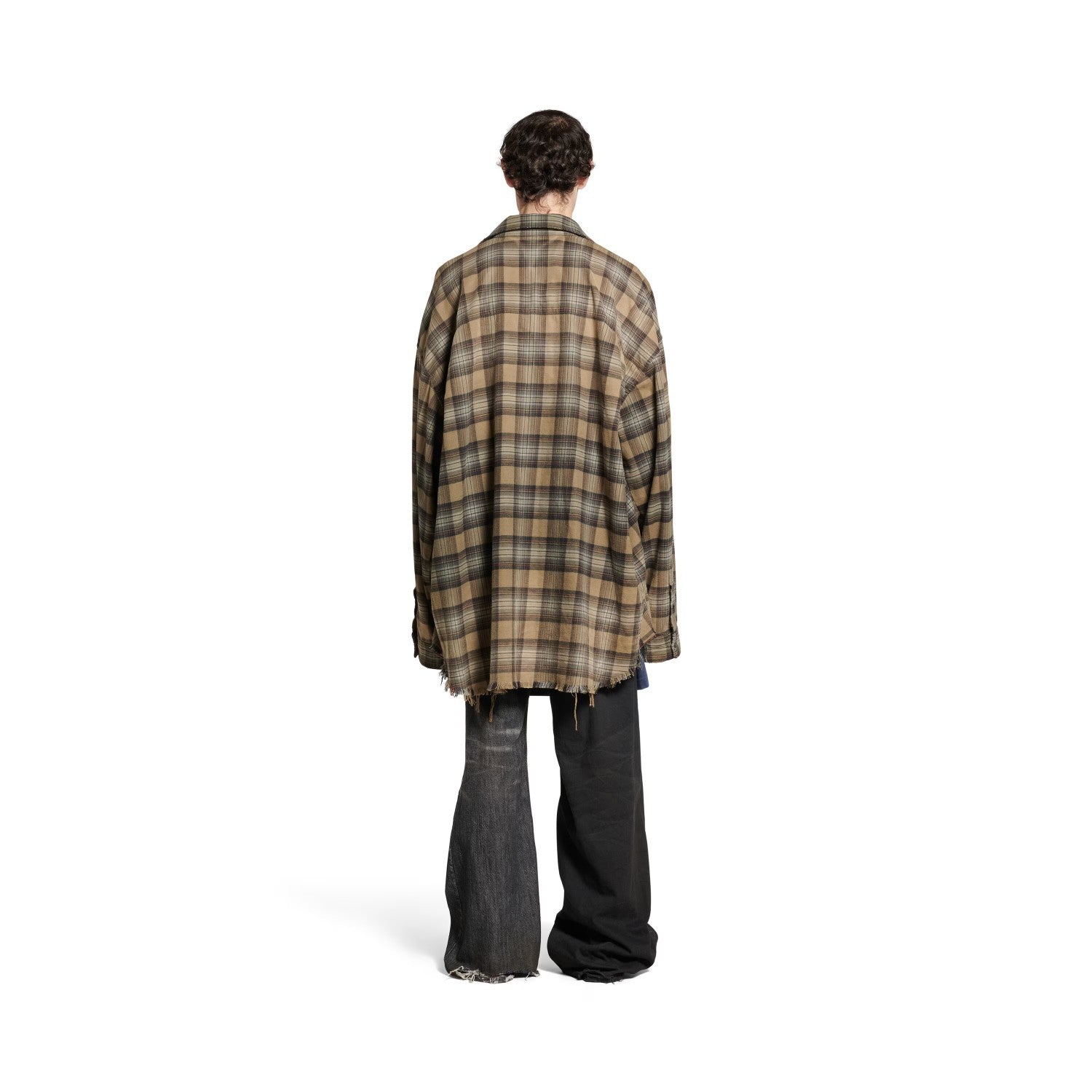 Balenciaga Men's Spring And Autumn Checkered Lapel Aged Cotton PARIS LIBERTY Loose Long Sleeve Solid Layered Shirt Ngvp #9286