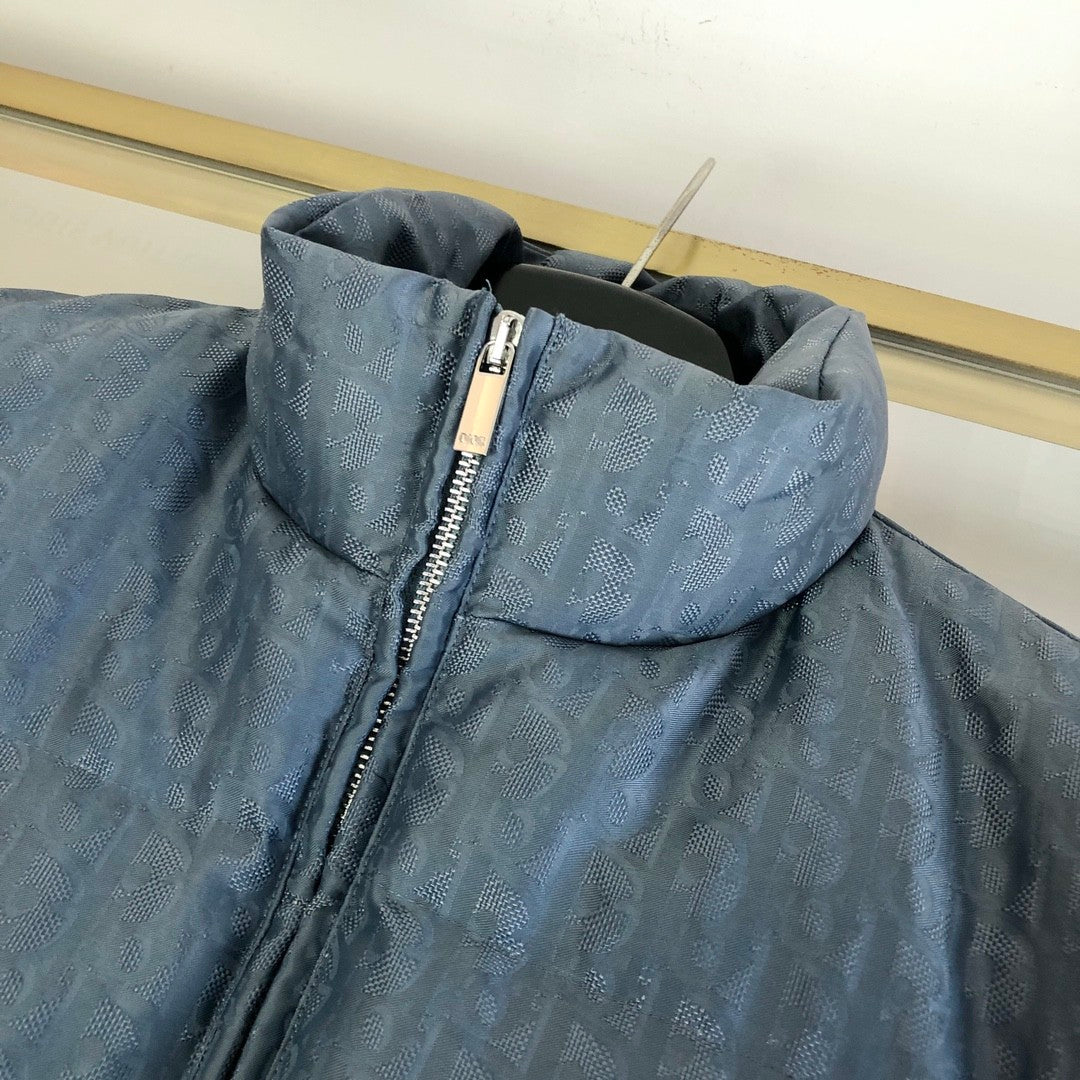 Dior Men's Fall And Winter Blue Dark Logo Print Lapel Single Breasted Long Sleeved Puffer Down Jacket #74511