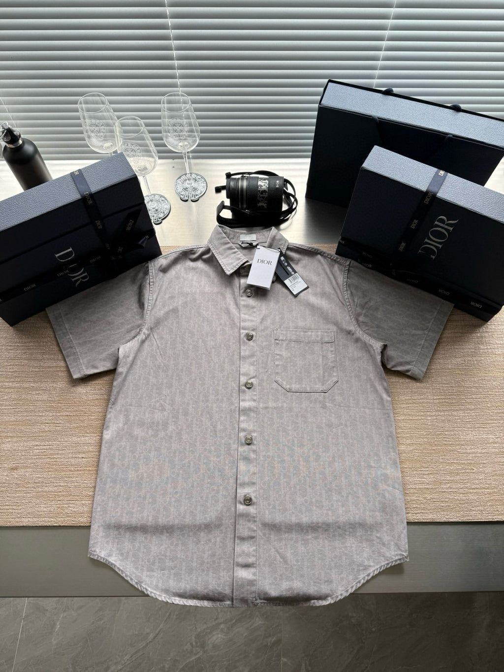 Dior Men's Spring Summer Grey Cotton Denim Oblique Printed Lapel Single Breasted Shirt Denim Straight Wide Leg Shorts Set Suit  #81256