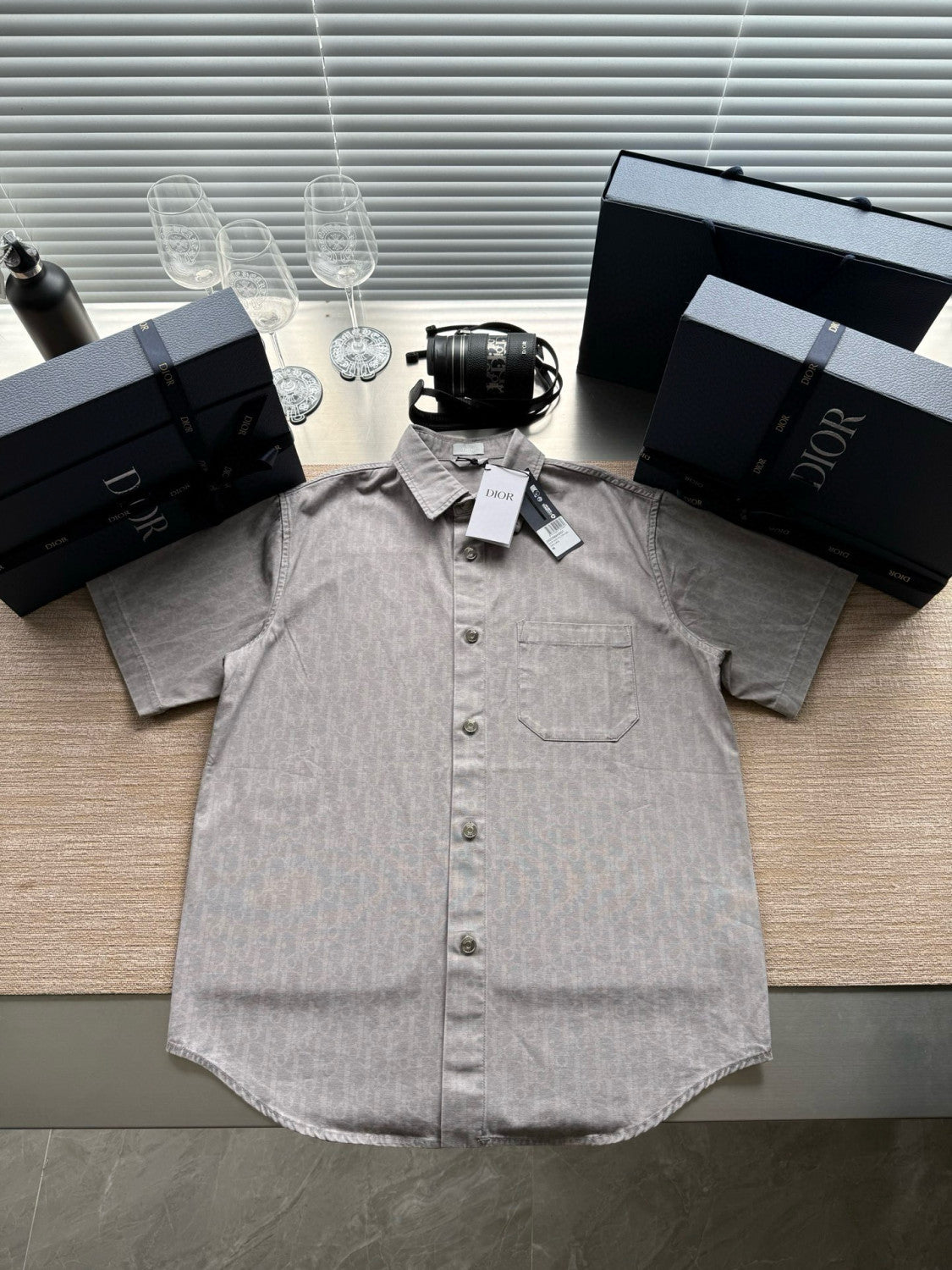 Dior Men's Spring Summer Grey Cotton Denim Oblique Printed Lapel Single Breasted Shirt Denim Straight Wide Leg Shorts Set Suit  #81256