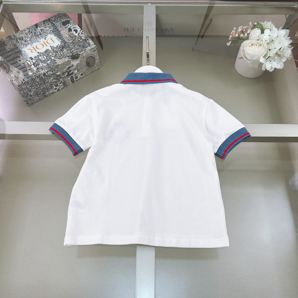 Dior Kid's Summer Logo Letter Print Striped Cotton Short Sleeve Lapel White Polo Shirt #31251