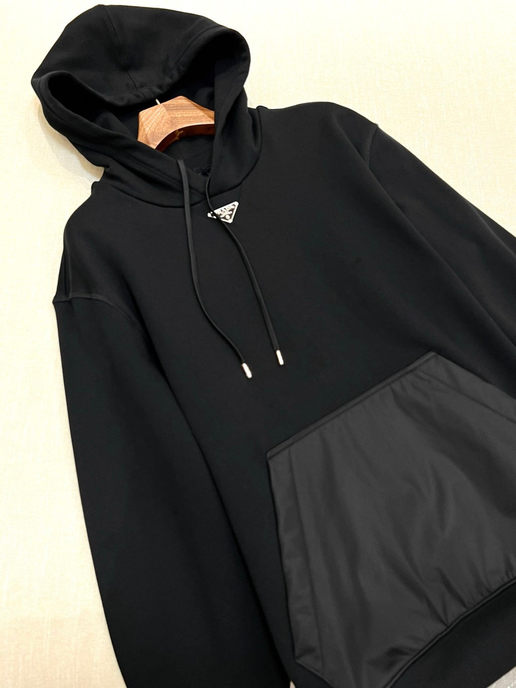 Prada Men's Spring and Fall Triangle Metal Label Black Cotton Hooded Drawstring Loose Sweatshirt Pullover #73284