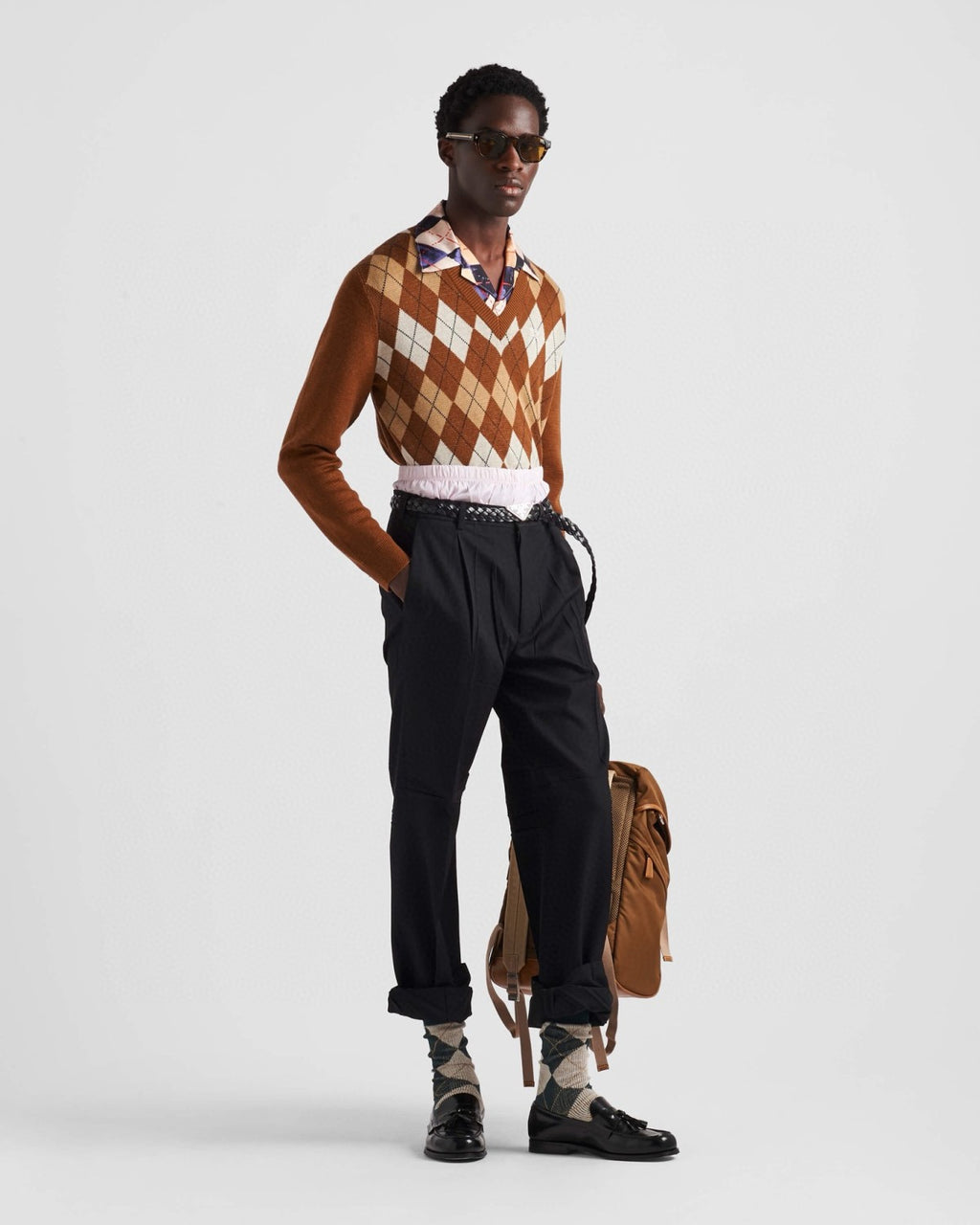 Prada Men's Spring And Fall Brown Diamond Applique V-neck Knitted Wool Casual Long Sleeved Sweater #73612