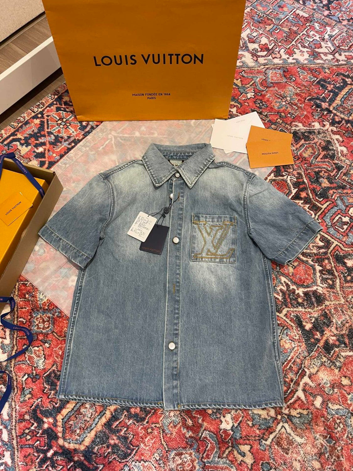 Louis Vuitton Men's Summer Blue Logo Letter Printed Pocket Single Breasted Short Sleeve Denim Shirt #74716