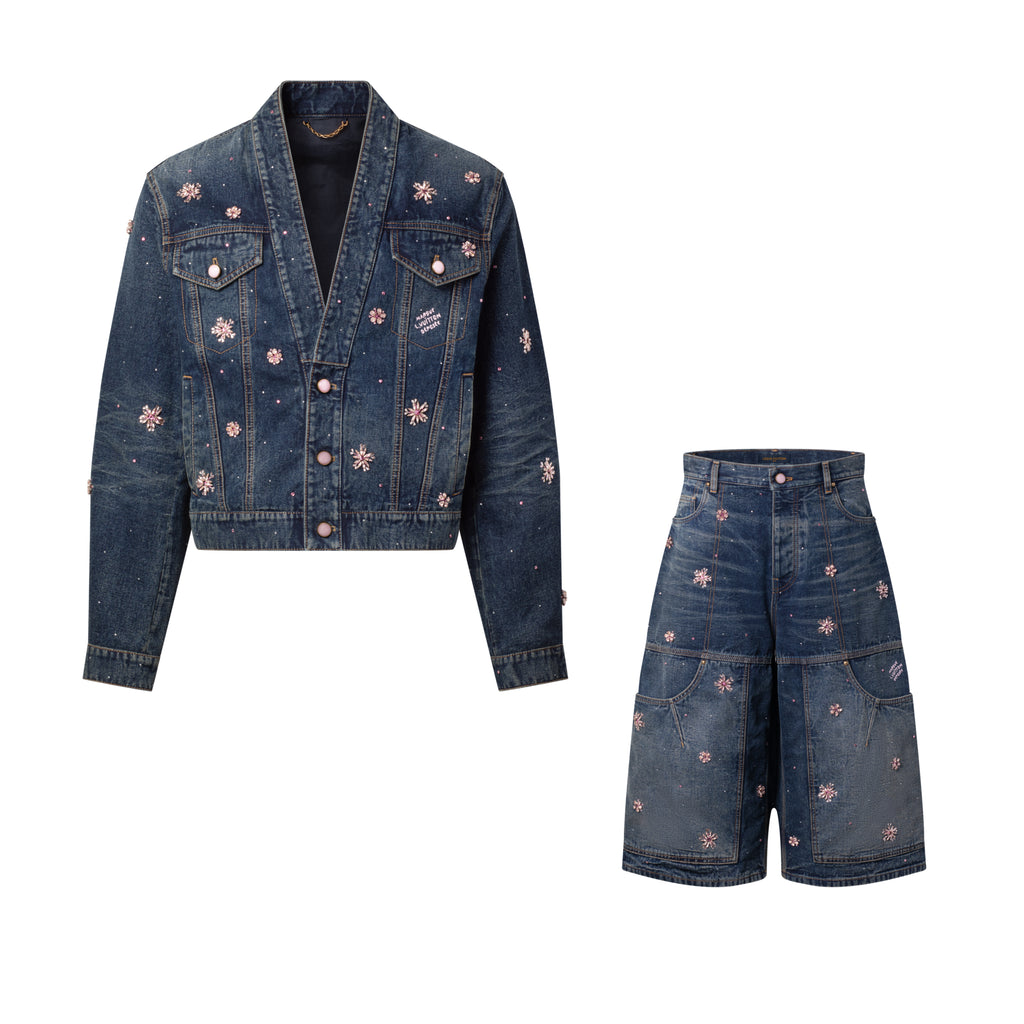 Louis Vuitton Men's and Women's Fashion Casual V Neck Embroidered Kimono Style Long Sleeve Denim Jacket  Embroidered Workwear Denim Shorts Suit Set #78735