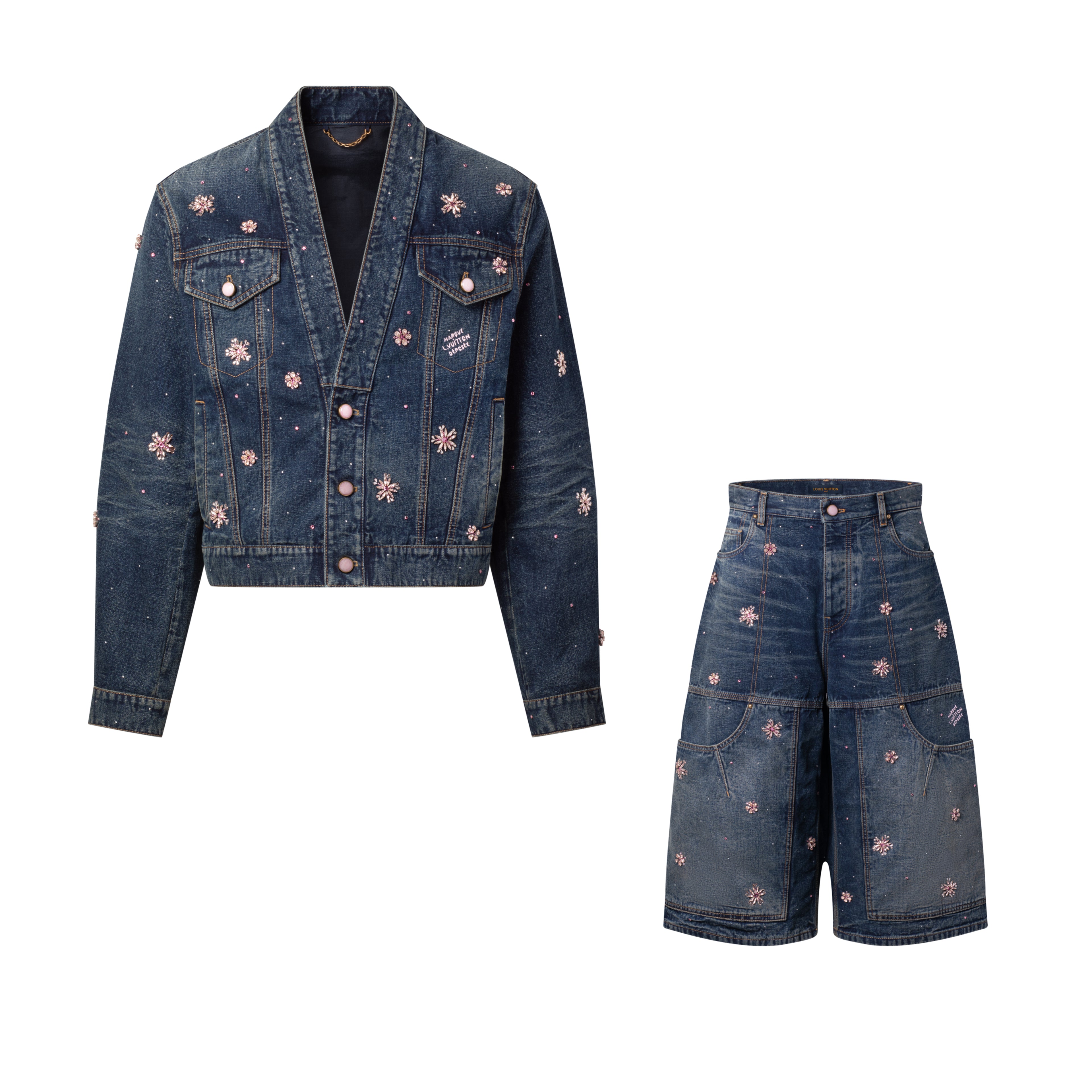 Louis Vuitton Men's and Women's Fashion Casual V Neck Embroidered Kimono Style Long Sleeve Denim Jacket  Embroidered Workwear Denim Shorts Suit Set #78735