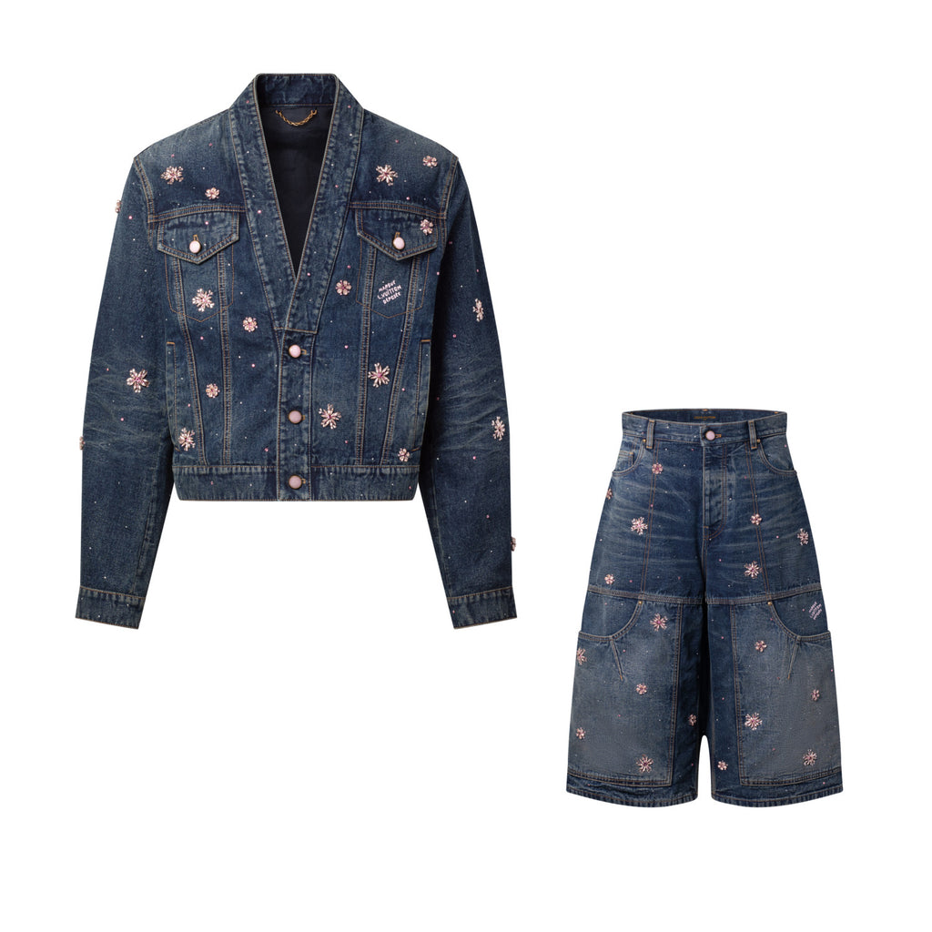Louis Vuitton Men's and Women's Fashion Casual V Neck Embroidered Kimono Style Long Sleeve Denim Jacket  Embroidered Workwear Denim Shorts Suit Set #78735