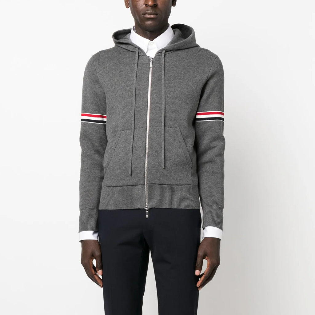 Thom Browne Men's Spring & Autumn Cotton Armband Embellished Solid Color Zipper Fitted Hooded Cardigan Jacket Ngvp #1943