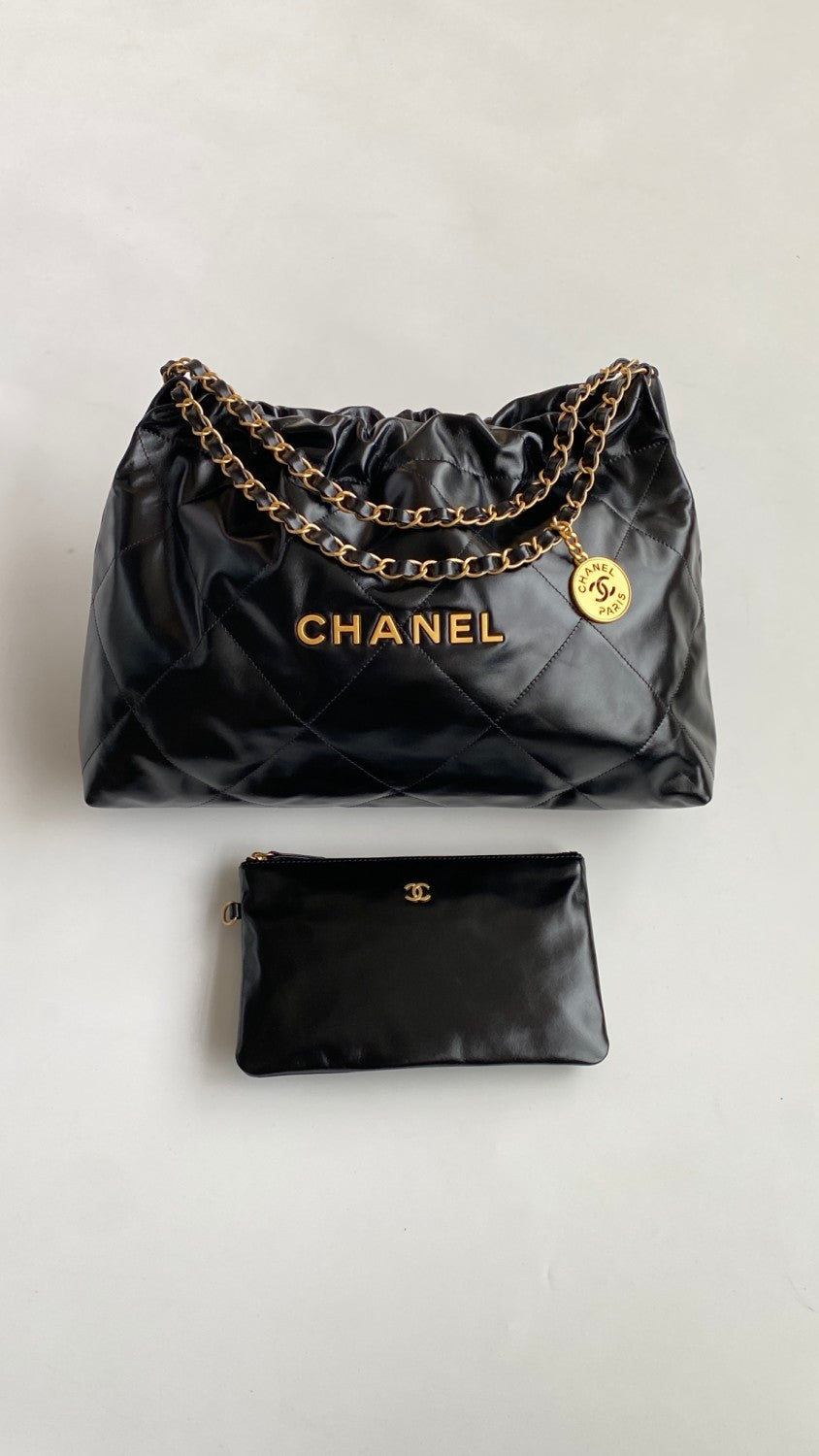 Chanel Maxi Shopping Bag Shint Calfskin Glold Tone Metal Black #335960