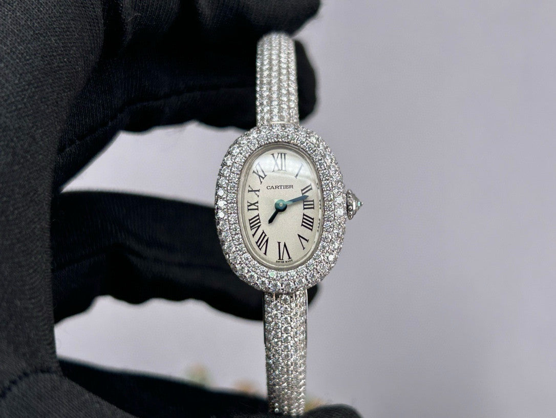 Cartier Women's Baignoire Watch Bathtub Collection Quartz Movement Steel Case Full Diamonds Bracelet Watch #81279