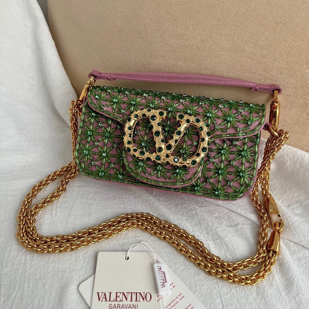 Valentino Women's Garavani Mini Loco 3d Embroidered Handbag With Swarovski Crystal Accents Vlogo Signature Magnetic Clasp Clutch With Chain Strap Bag Bags #196169