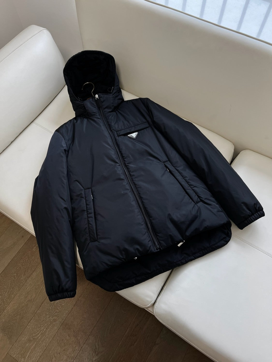 Prada Men's Autumn and Winter Solid Color Letter Logo Hooded Warm Zipper Long Sleeve Puffer Down Jacket #73422