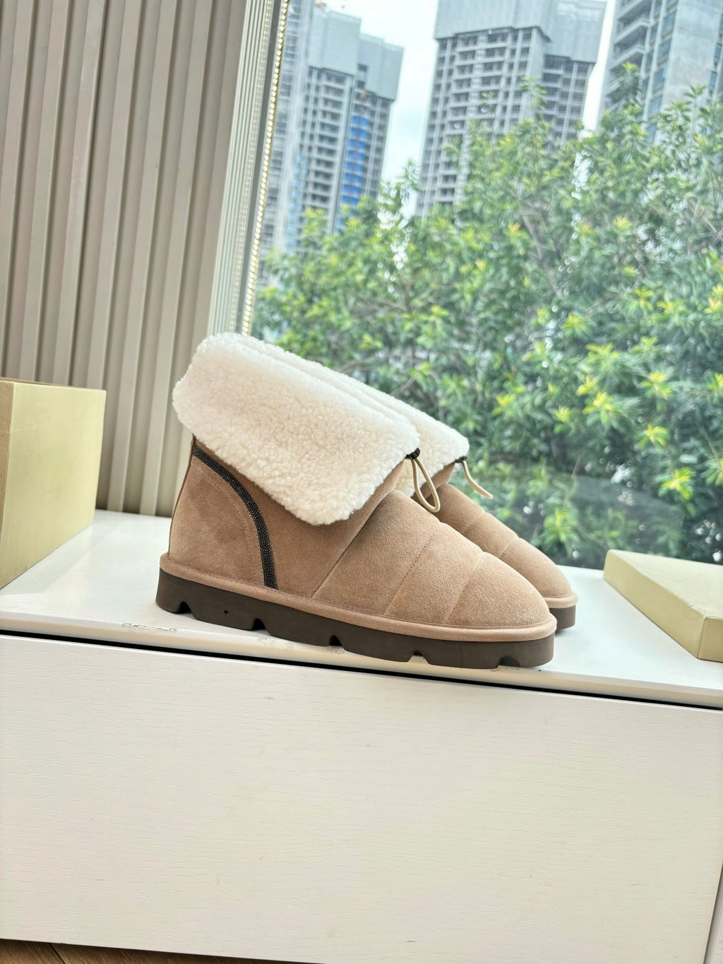 Brunello Cucinelli Women's Fall/Winter Matte Leather Solid-Color Chunky-Heel Snow Boots Short Boots Casual Cotton Slippers Shoes #81586