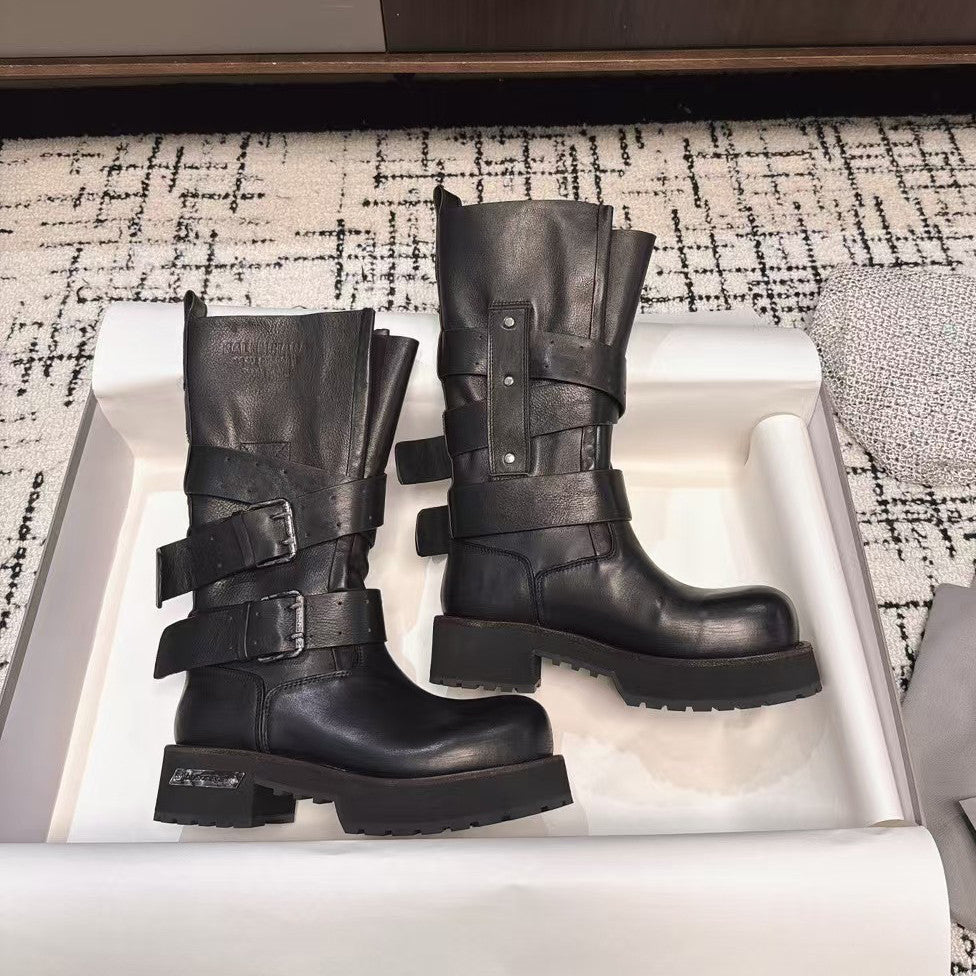 Balenciaga Women's Four Seasons Solid Color Grained Cowhide Tall Martin Boots Shoes #76425