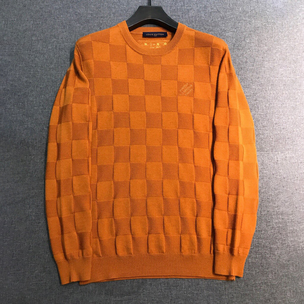 Louis Vuitton Men's Spring and Autumn Solid Color Check Printed Wool Round Neck Long Sleeve Knitted Sweater #74211