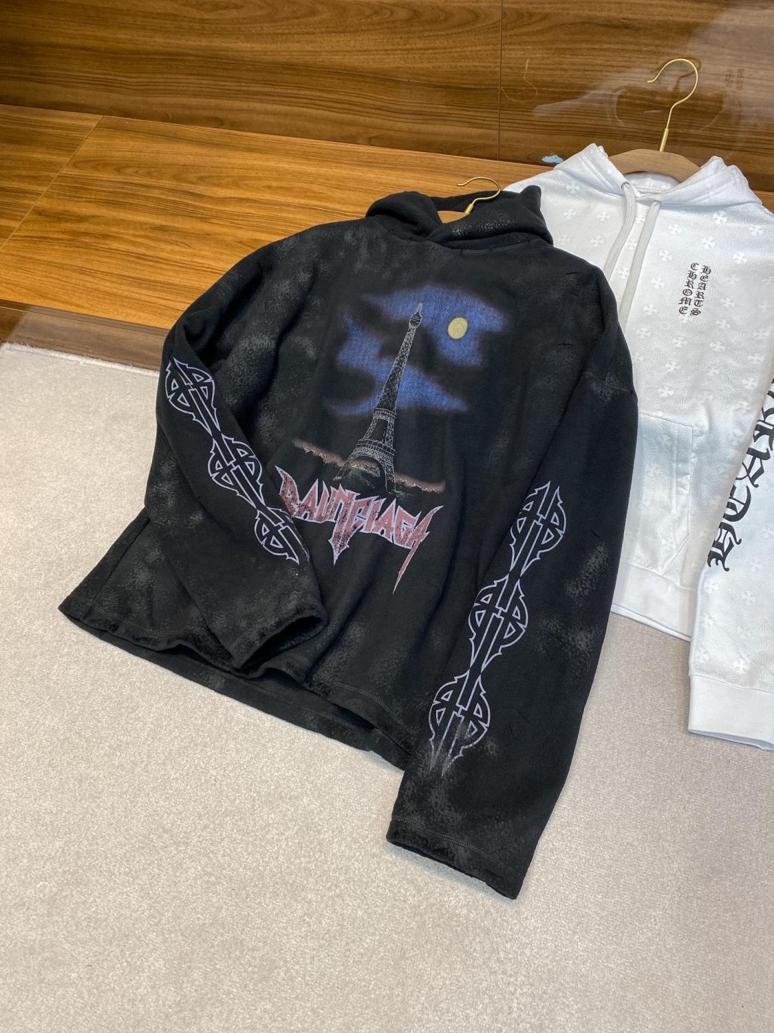 Balenciaga Men And Women With The Same Models Spring And Fall Do Old Do Fake Holes Washed Hooded Sweatshirt Pullover Paris Moon No Pocket Hoodie Oversized Black Faded #72926