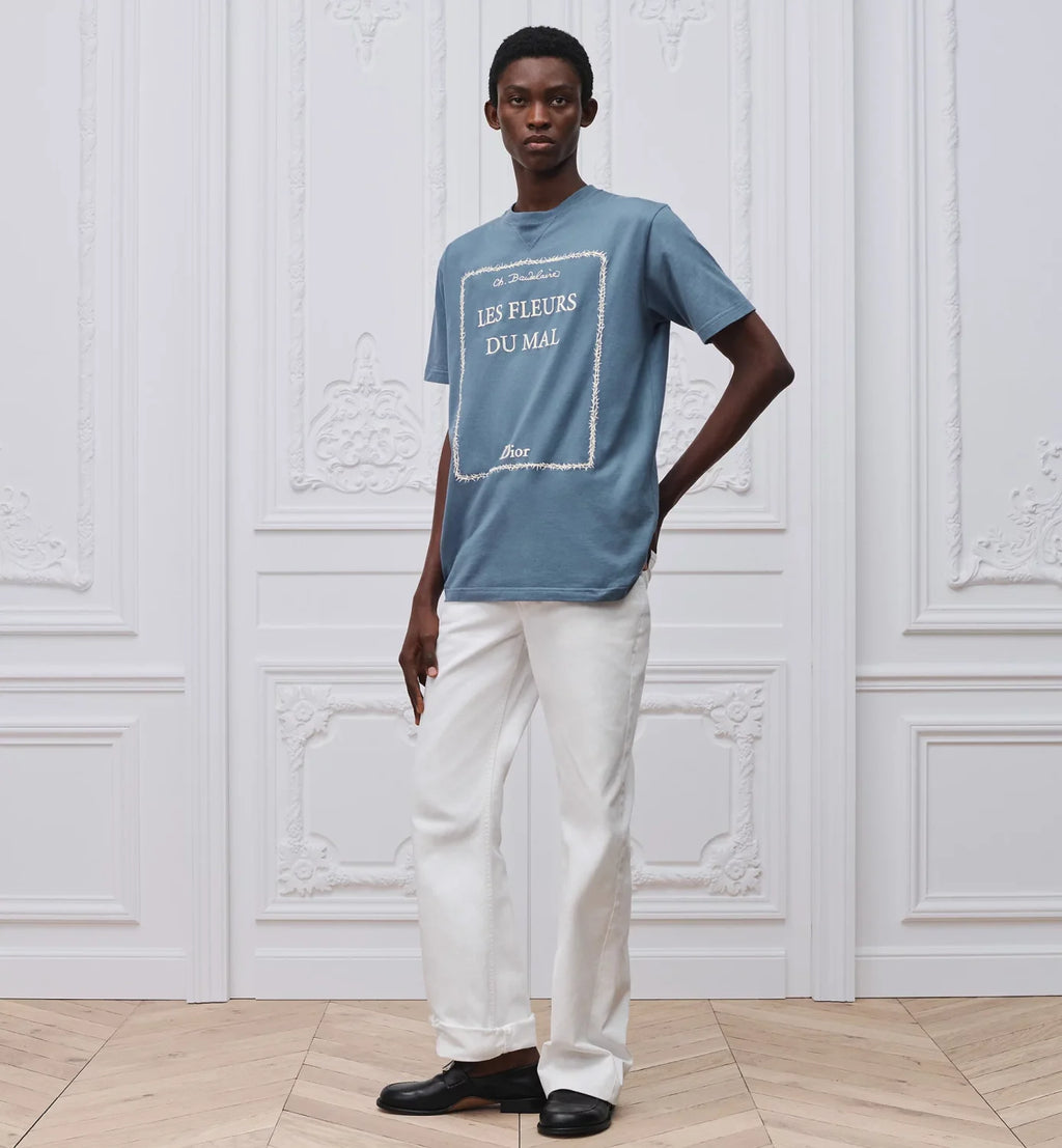 Dior T-Shirt with Book Cover Embroidery Relaxed Fit White and Green Cotton Jersey #337069
