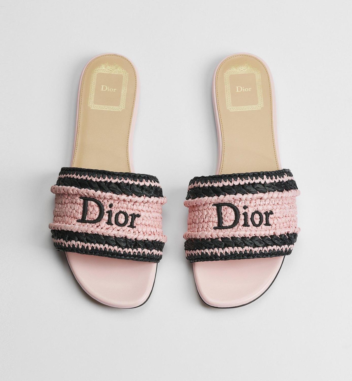 DIOR Dioriviera Dior Woven Slide Soupir Pink Crocheted Raffia-Effect Technical Fabric #387794